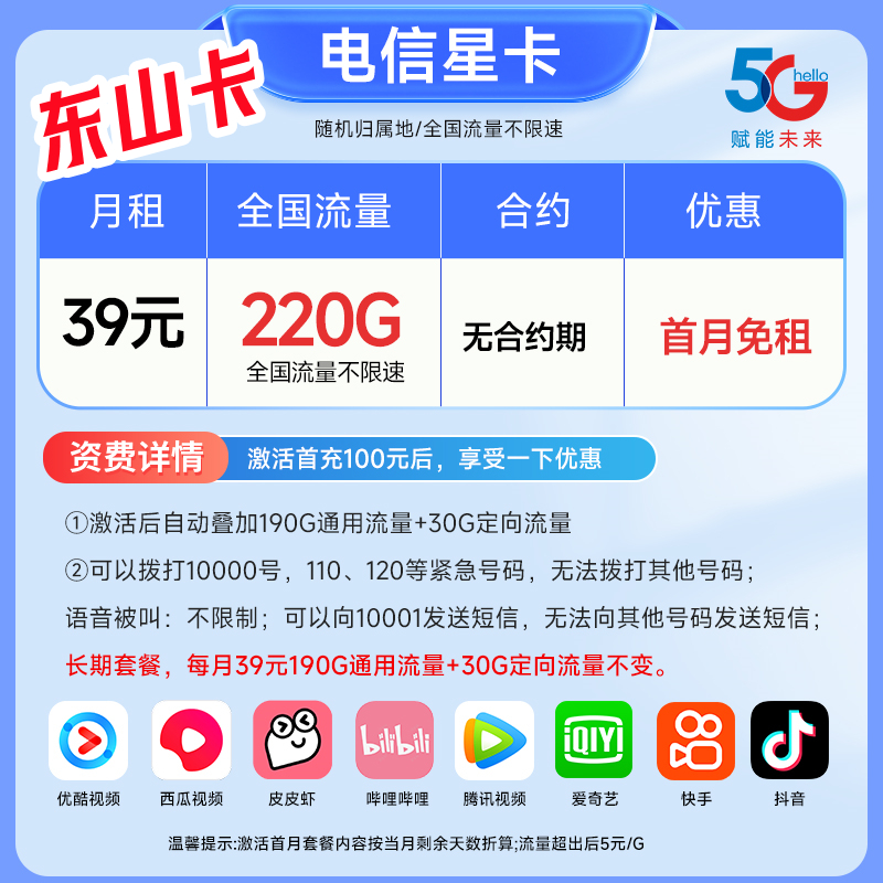 山东电信 东山卡39元220g(无语音短信功能)
