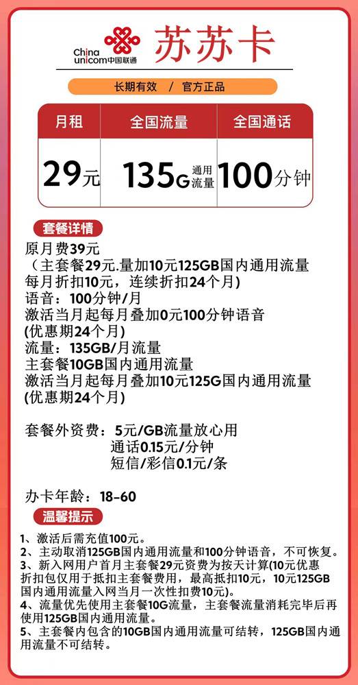 联通苏苏卡丨29元135G流量+100分钟通话(首月按天扣费,两年29,5G黄金速率)